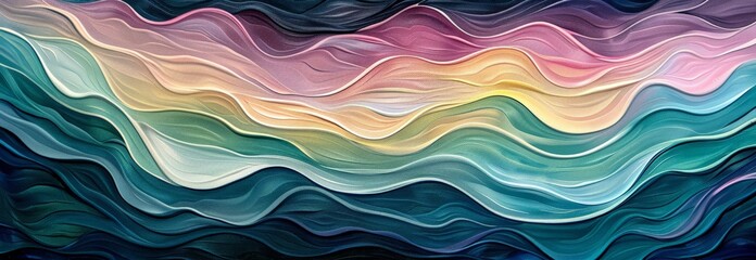 Fototapeta premium A colorful abstract painting featuring wavy lines in shades of blue, pink, and green creating a dynamic and vibrant composition