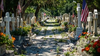 Endless rows of white crosses or marble slabs adorned with flags and flowers.