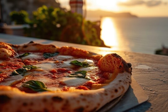 A succulent Margherita pizza graces a seaside table, the setting sun casting a golden light over its bubbling cheese and fresh basil, inviting a serene dining escapade with a breathtaking ocean view.