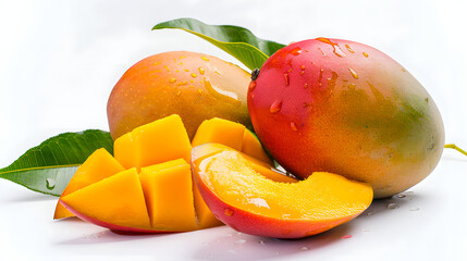 Two ripe mangoes and one-half mango with leaves on a white background in display style.