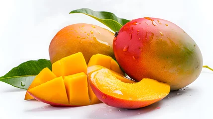 Foto op Plexiglas Two ripe mangoes and one-half mango with leaves on a white background in display style. © IrisFocus