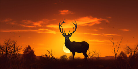 antelope at sunset, Deer silhouette at sunset, A deer in a sunset with the sun, Generative AI