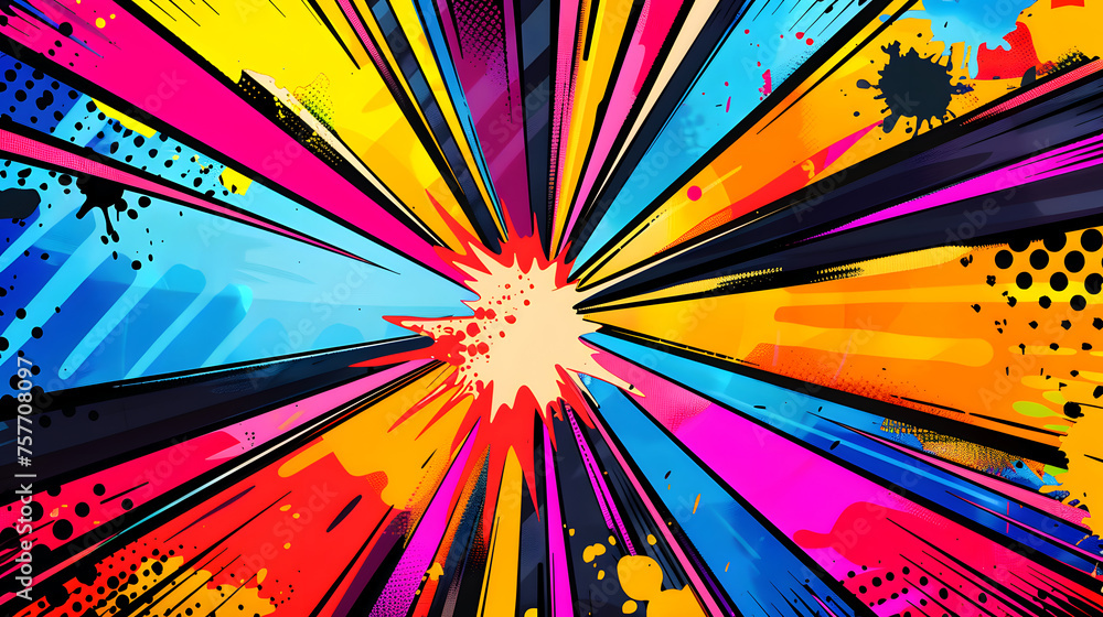 Poster abstract digital artwork featuring a radial explosion of colorful lines from a central point