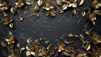 Intricate gold flowers and leaves stand out against a black background in a striking and elegant display