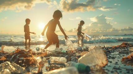 Children collecting trash on the beach Show responsibility for the environment,