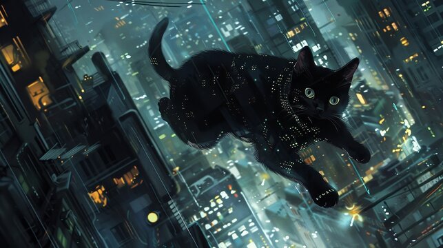 In a world where binary codes control everything a black cat with machine-like precision leaps across rooftops