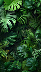 Generative AI image tropical plants, dark green leaves, monstera, A lush green tropical rainforest with various leaves, such as monstera and ferns