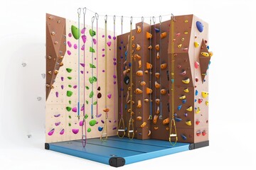3D Render of a climbing gym with walls of varying difficulty levels and safety equipment, on isolated white background, Generative AI
