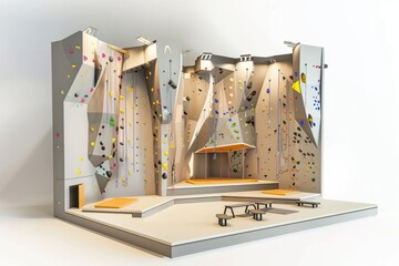 3D Render of a climbing gym with walls of varying difficulty levels and safety equipment, on isolated white background, Generative AI