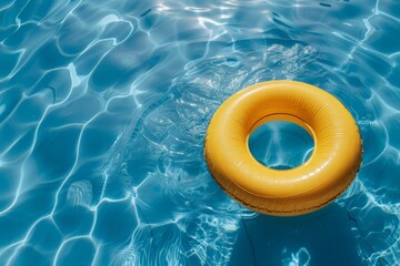 An inflatable ring drifts on the surface of a pool of clear water under the sunny sky