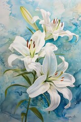 A painting showcasing white lilies against a vibrant blue background