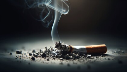 Extinguished cigarette with rising smoke and scattered ashes on a dark moody background, emphasizing the concept of quitting smoking.