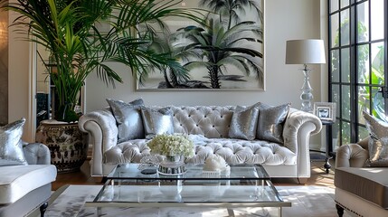 Elegant Living Room with Palm Tree Art and Silver Accents