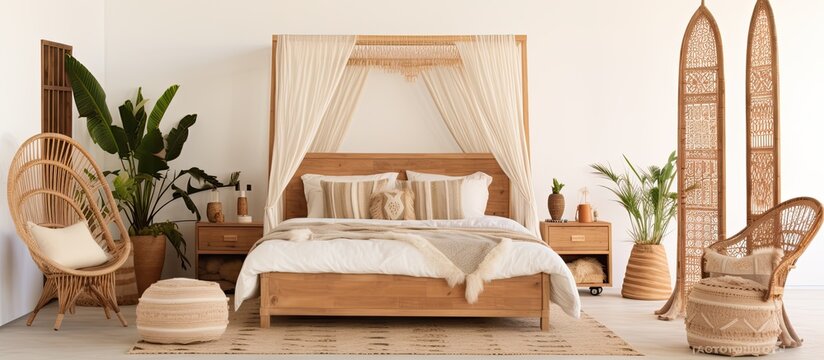 The bedroom features a canopy bed and wicker furniture, creating a comfortable and cozy atmosphere with a touch of natural wood and plant accents