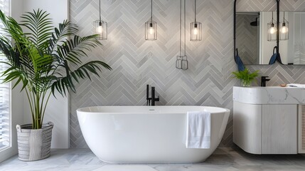 Fototapeta na wymiar Elegant Bathroom with Herringbone Tiles, Marble Accents, and Potted Greenery