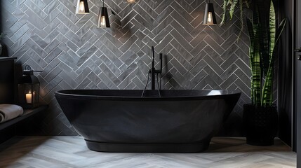 Elegant Black Freestanding Bathtub on Herringbone Tiles in Modern Bathroom