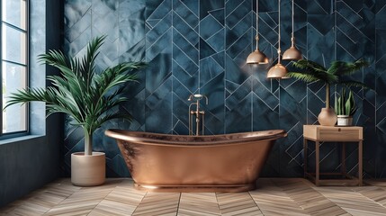 Elegant Copper Bathtub in Luxurious Herringbone Tiled Bathroom with Potted Plants and Industrial Pendant Lighting