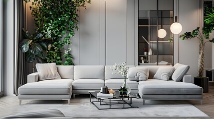 Elegant Gray Sofa in Modern Living Room with Lush Greenery