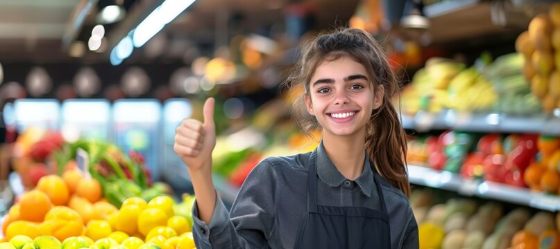 Smiling female supermarket fruit section worker looking at the camera with her thumb up