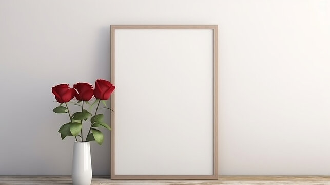 mockup poster frame with red rose valentine on side