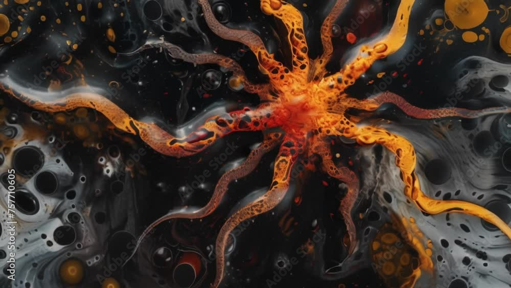 Poster a contrasting image of a single perfectly symmetrical alien lifeform surrounded by chaotic patterns 