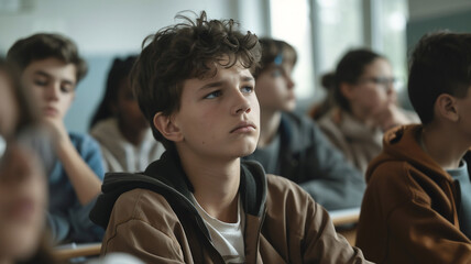 stressed kid in classroom , Problems in teenagers . - obrazy, fototapety, plakaty