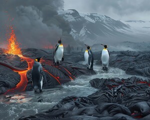 Near lava flows penguins find an unlikely home - obrazy, fototapety, plakaty