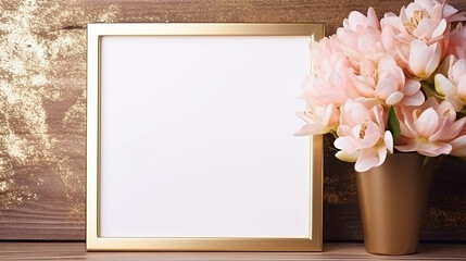 mockup with golden frame and flowers love concept
