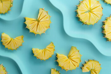 Freshly sliced pineapples on a vibrant blue background, top view flat lay tropical fruit concept design