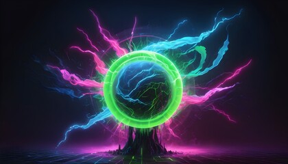 Obraz premium Dynamic Energy: Essence of Energy with a Dynamic Aura Pulsating in Neon Green, Electric Blue, and Hot Pink Against a Cool Transparent Backdrop, A Vibrant Display of Colors in Motion