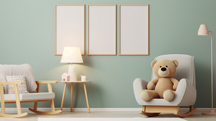 stylish kid room interior with toys and bear dol. white blank frame on green wall.
