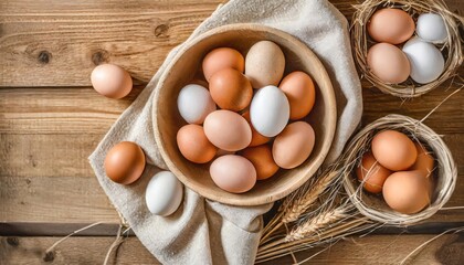 Chicken eggs of different brown and beige shades in a large wooden bowl on a wooden table 