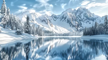 Papier Peint photo Réflexion Serene lake reflecting the surrounding mountains, Snow-covered m