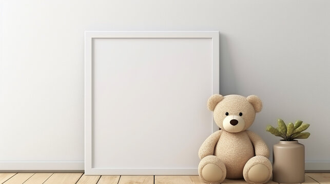 bear doll with photo frame 3d rendering on white wall