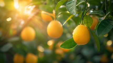 Sunlit orange orchard, ripe citrus fruits dangle amidst lush leaves, embodying the essence of summer.