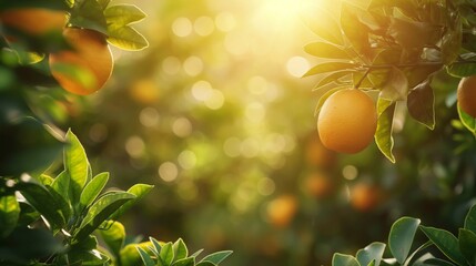 Sunlit orange orchard, ripe citrus fruits dangle amidst lush leaves, embodying the essence of summer.