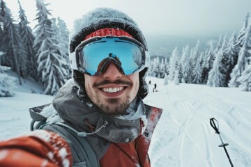 Fototapeta na wymiar A man standing on a ski slope, holding a smartphone at arms length to take a selfie
