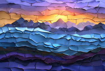 watercolor image of mountains with a sunset over them, in the style of colorful patchwork, gold and azure, organic contours, silk painting, dark magenta and gold, high detailed, paper sculptures 