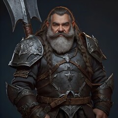 Create a portrait of a grim dwarf warrior with a longboarded beard iron armor and a mighty axe