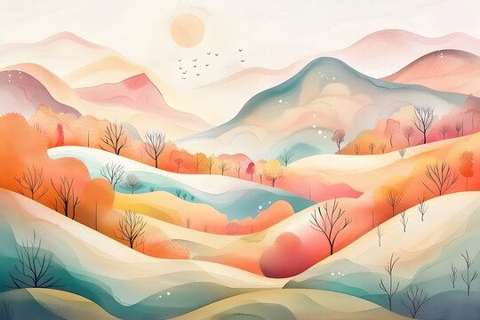 watercolor image of mountains with a sunset over them, in the style of colorful patchwork, gold and azure, organic contours, silk painting, dark magenta and gold, high detailed, paper sculptures 