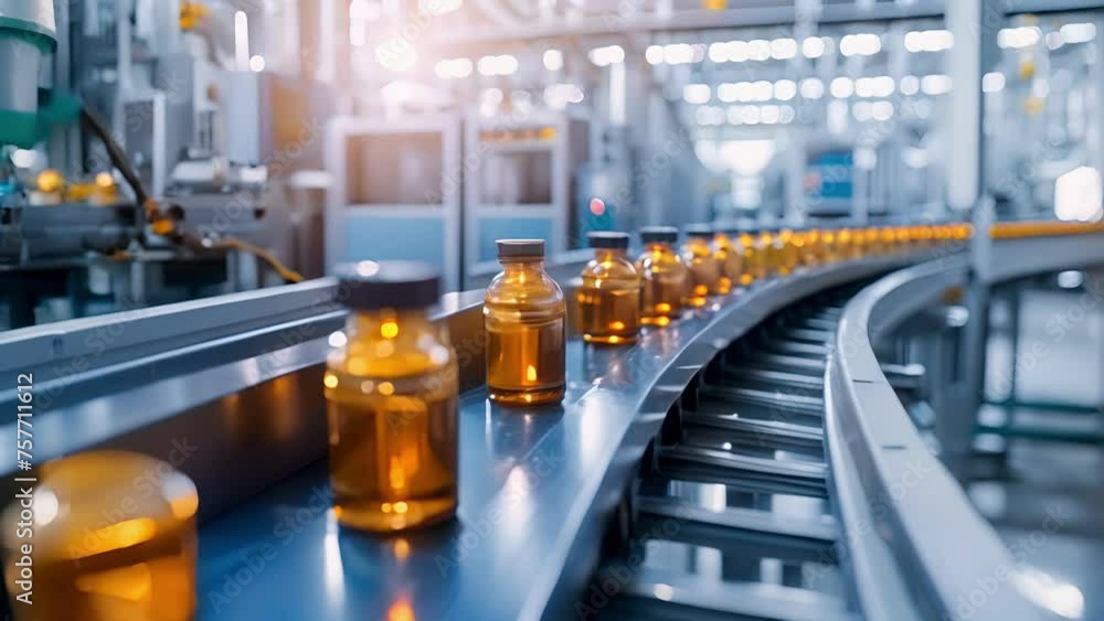 Poster a conveyor belt carrying small containers of antifreeze with a machine automatically applying labels