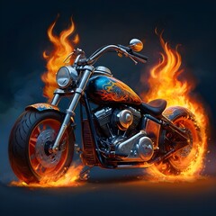 Create a digital painting of a powerful rugged chopper motorbike with intricate flaming paint job - obrazy, fototapety, plakaty