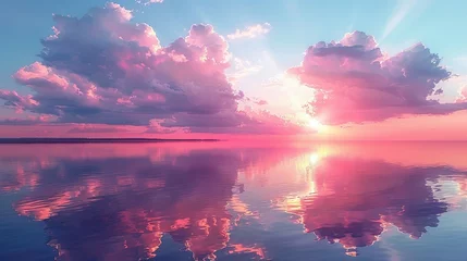 Foto auf Acrylglas Soft clouds in shades of pink and lavender are mirrored in the still waters of the lake creating a picturesque sunset scene © Jennifer