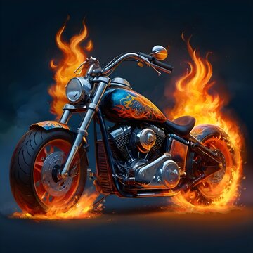 Create a digital painting of a powerful rugged chopper motorbike with intricate flaming paint job