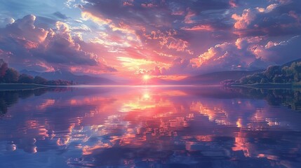 Fototapeta premium Soft clouds in shades of pink and lavender are mirrored in the still waters of the lake creating a picturesque sunset scene