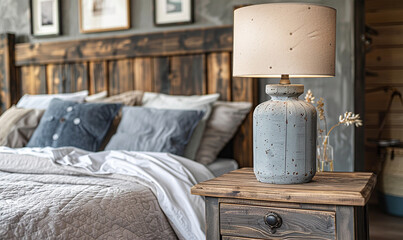 A vintage-style lamp on a bedside table near a wooden headboard.