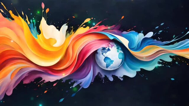 Watercolor wave with earth globe, world art day concept. Seamless looping time-lapse 4k video animation background