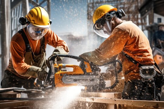 Construction workers are seen using tools such as a chainsaw and drill, using caution and wearing protective equipment.