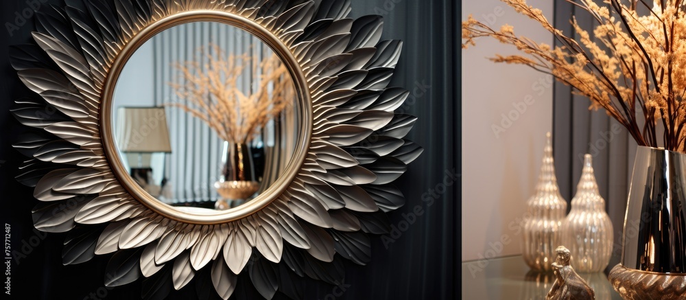 Poster an eyelash mirror adorned with feathers hangs on a automotive exterior wall next to a circle vase of