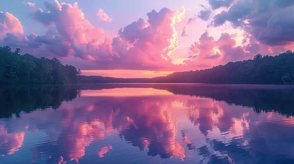Fotobehang Soft clouds in shades of pink and lavender are mirrored in the still waters of the lake creating a picturesque sunset scene © Jennifer